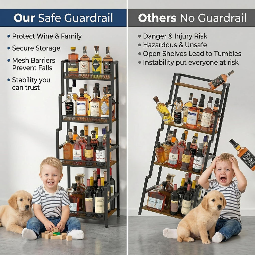 Hayexiha 4-Tier Stepped Freestanding Wine Rack, Large Capacity Liquor Cabinet with Anti-Fall Guardrails and Rounded Corners, Bottle Display Shelf & Mini Bar for Living Room, Home Bar, Kitchen Corner