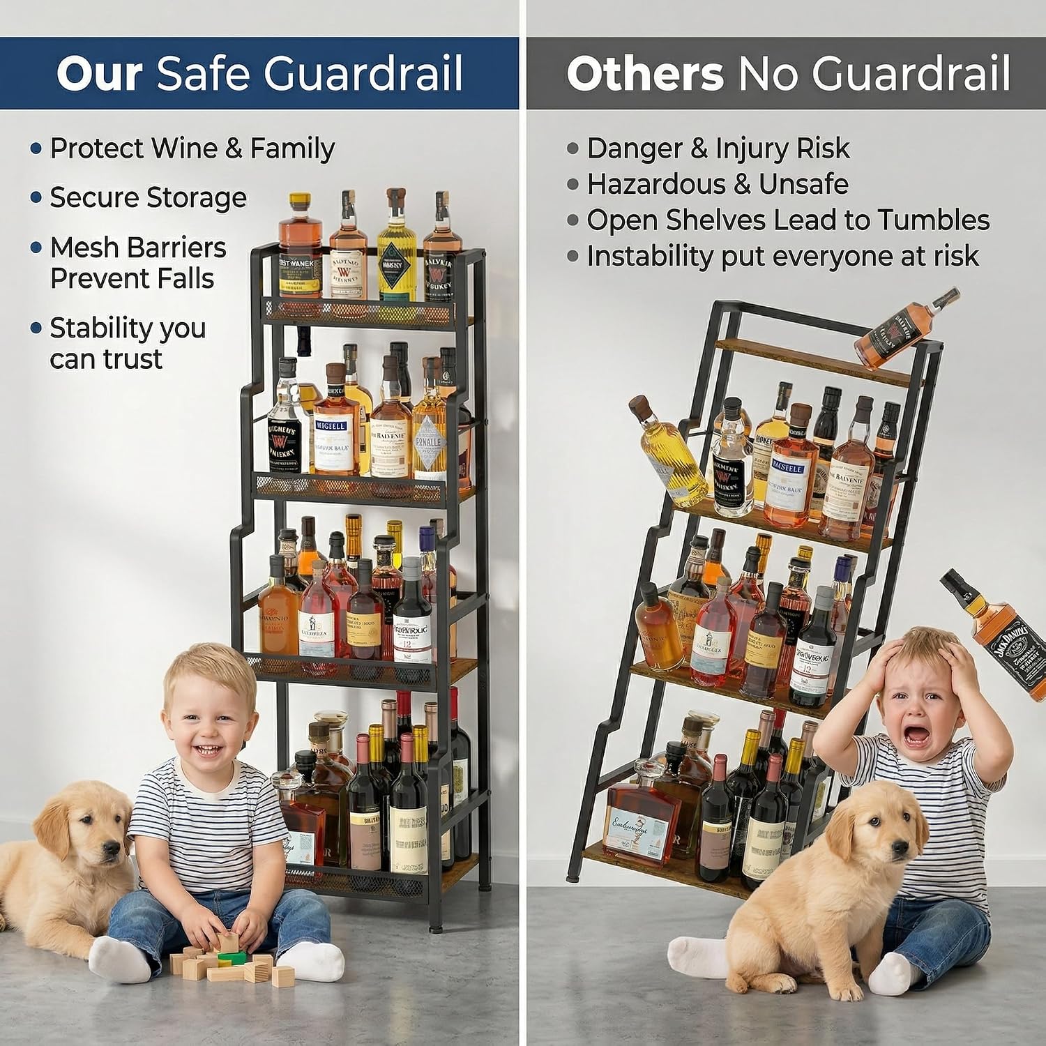 Hayexiha 4-Tier Stepped Freestanding Wine Rack, Large Capacity Liquor Cabinet with Anti-Fall Guardrails and Rounded Corners, Bottle Display Shelf & Mini Bar for Living Room, Home Bar, Kitchen Corner