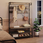 39.9" Industrial Hall Tree Coat Rack, with Bench & Shoe Storage, Entryway Organizer with 8 Sturdy Hooks & Hanging Bar, Large Shoe Rack with Storage Shelf, Steel Frame, Farmhouse Wood Look Accent, Grey