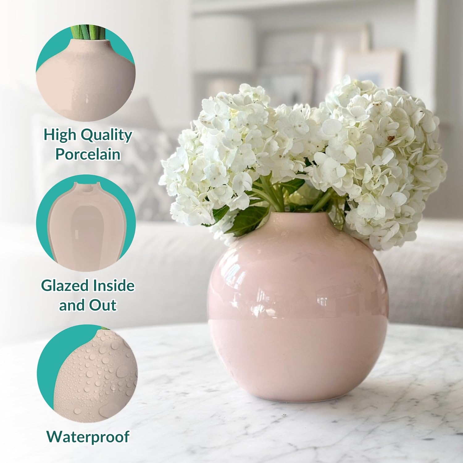 Willowy 7.5 Inch Beige Porcelain Vase with Glossy Finish - Tan/Pink/Beige Vases for Flowers, Vases for Decor, Round Vase for Pampas Grass