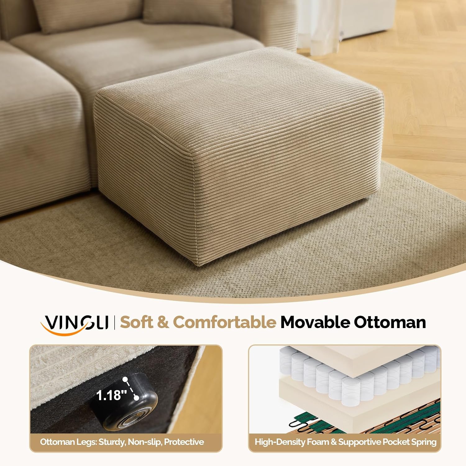 VINGLI Movable Ottoman for Corduroy Cloud Sectional Couches,Khaki