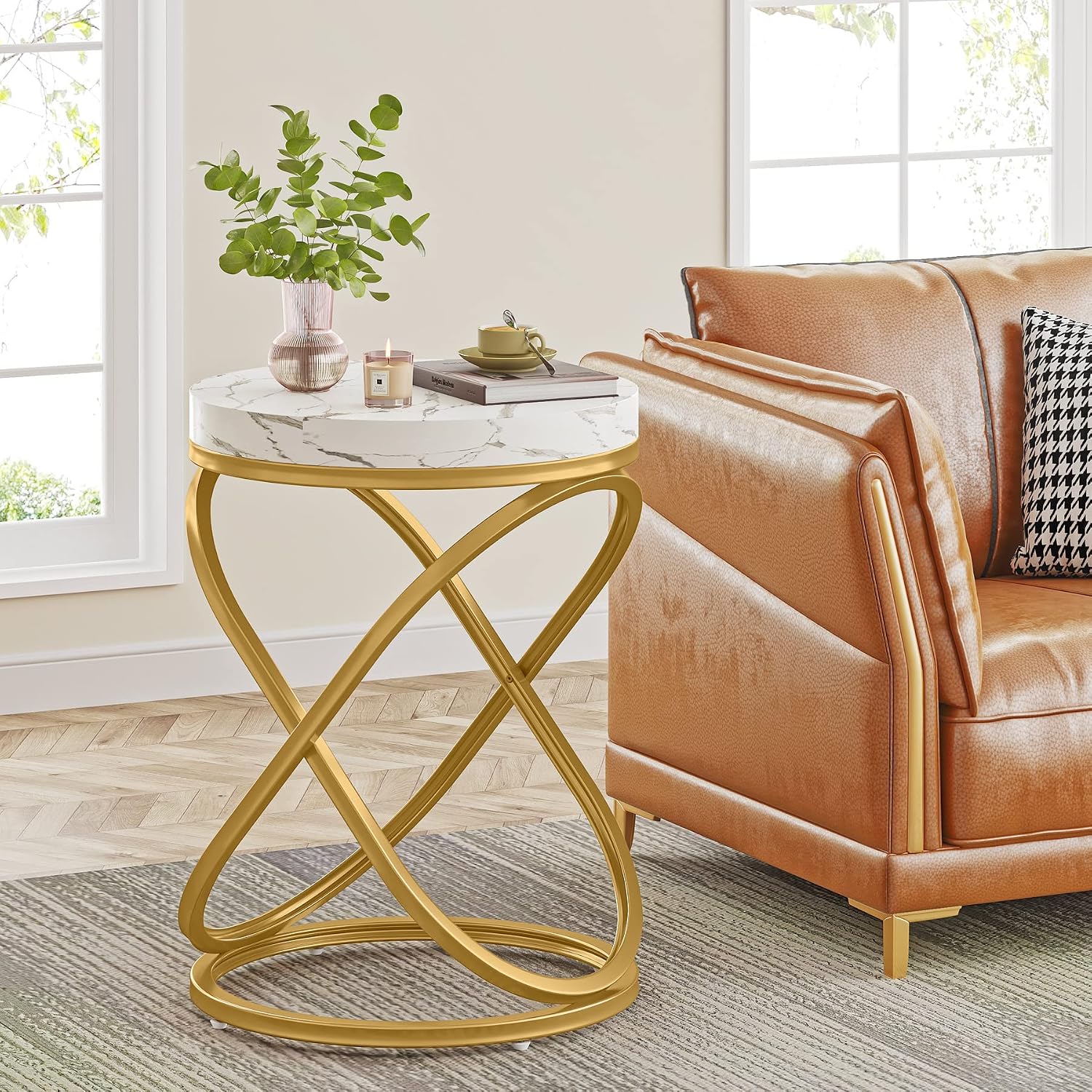 Tribesigns Round End Table with Engineered Wood Tabletop, 26 Inches Round Side Tables Living Room with Double X-Shaped Metal Ring-Cross Legs, Faux Marble Veneer Nightstands for Livingroom Bedroom (1)