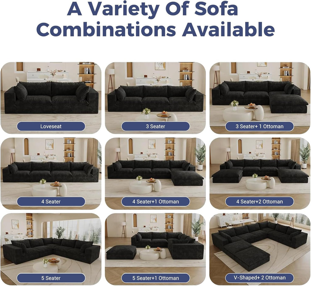 157.6" Oversized Cloud Boneless Sofa with 2 Ottomans, Modern Corduroy U Shaped Modular Sectional Couch, Deep Seat Floor Furniture Set, No Assembly Required (4 Seater+2 Ottoman)
