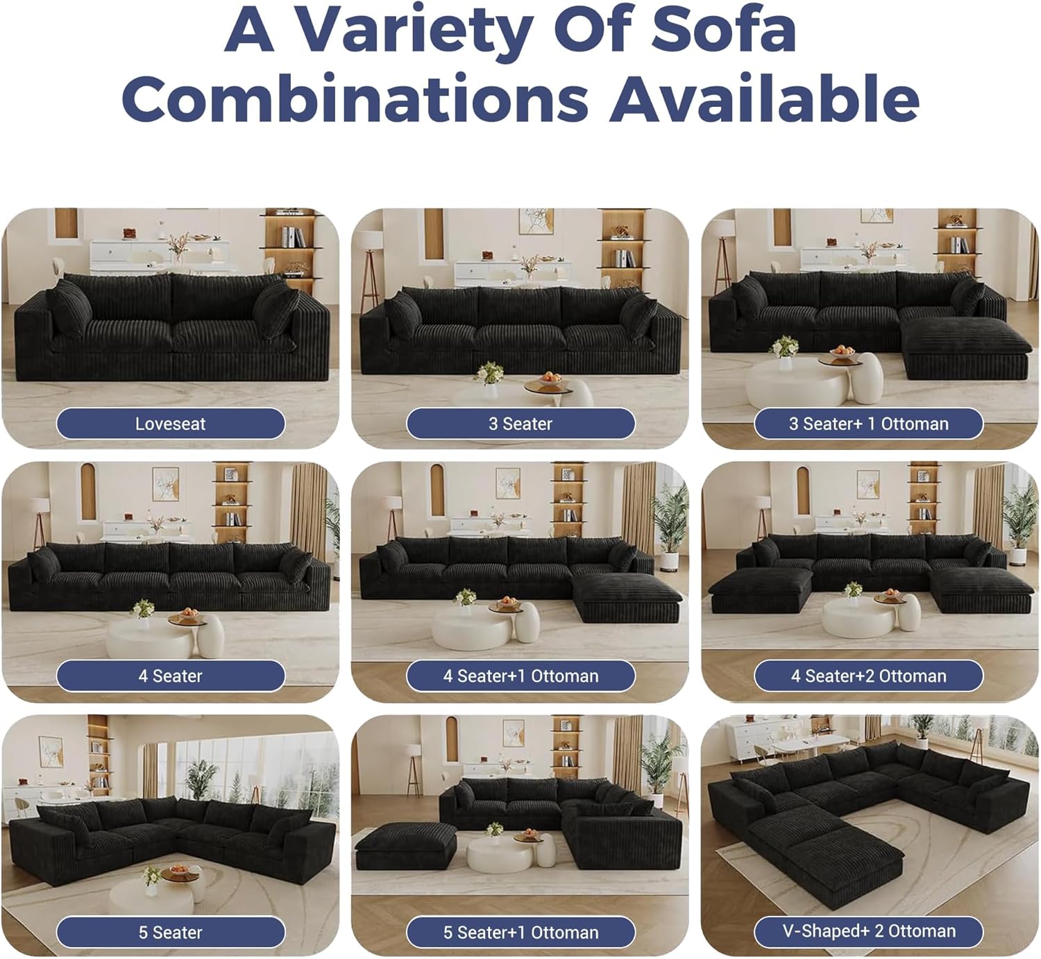 157.6" Oversized Cloud Boneless Sofa with 2 Ottomans, Modern Corduroy U Shaped Modular Sectional Couch, Deep Seat Floor Furniture Set, No Assembly Required (4 Seater+2 Ottoman)