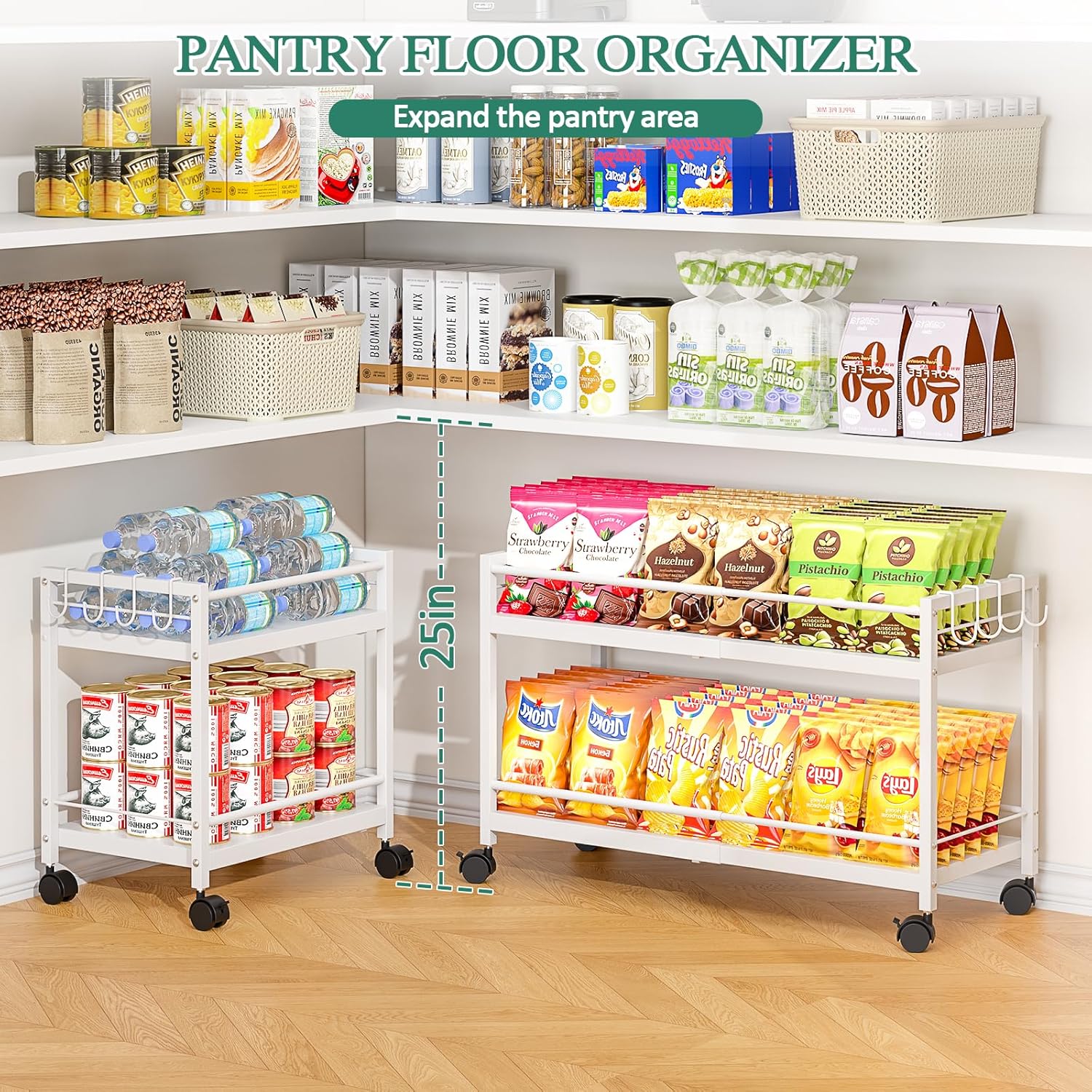 2-Tier Expandable Rolling Pantry Cart with Wheels, Adjustable Floor Organizer for Kitchen Pantry, Can Organizer for Pantry, Storage Cart for Snack, Food, Vegetables, White, Patent Pending