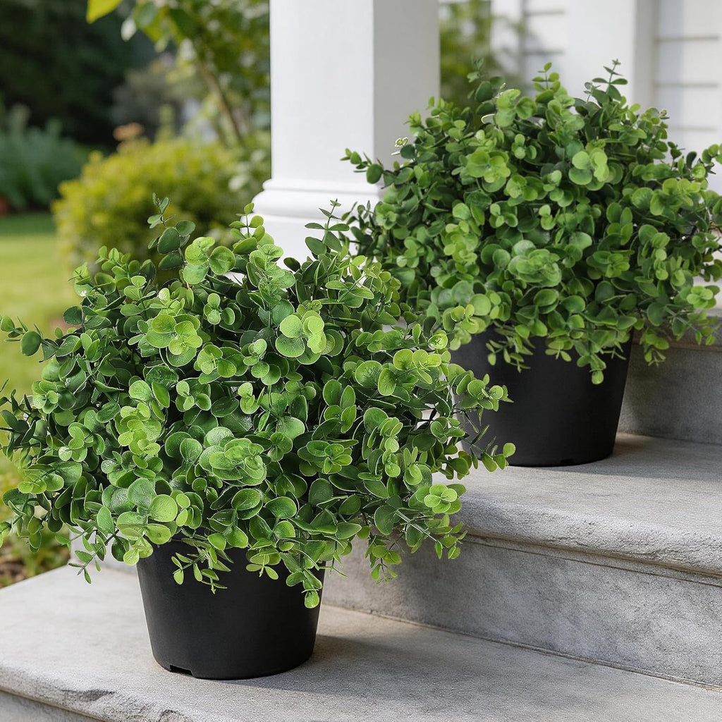 Set of 2 Artificial Eucalyptus Topiary Ball Trees for Front Porch Decor - 17" Faux Eucalyptus in Pot,Realistic Fake Eucalyptus Leaves Potted Plant for Farmhouse Home Front Door Outdoor Decor (Green)