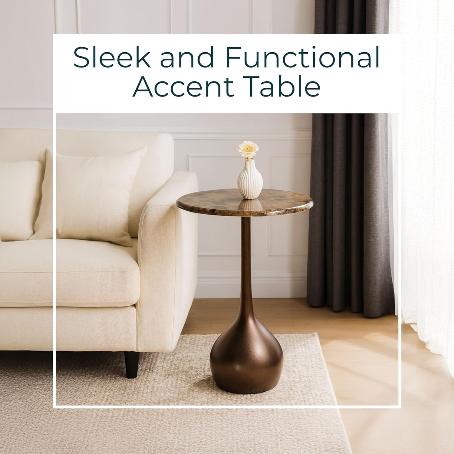 Marble Accent End Table for Home Decor - Decorative Small Table Stand for Bedroom Night Stand, Bedside, and Living Room Decor - Modern Side or Drink Table for Small Spaces - 20", Brown & Gold