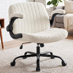 DUMOS Criss Cross Home Office Chair with Wheels, Wide Cross Legged Desk Vanity Chair Comfy Fabric Flip-Up Armrests Adjustable Swivel Chairs for Home Computer Bedroom, Creamy White