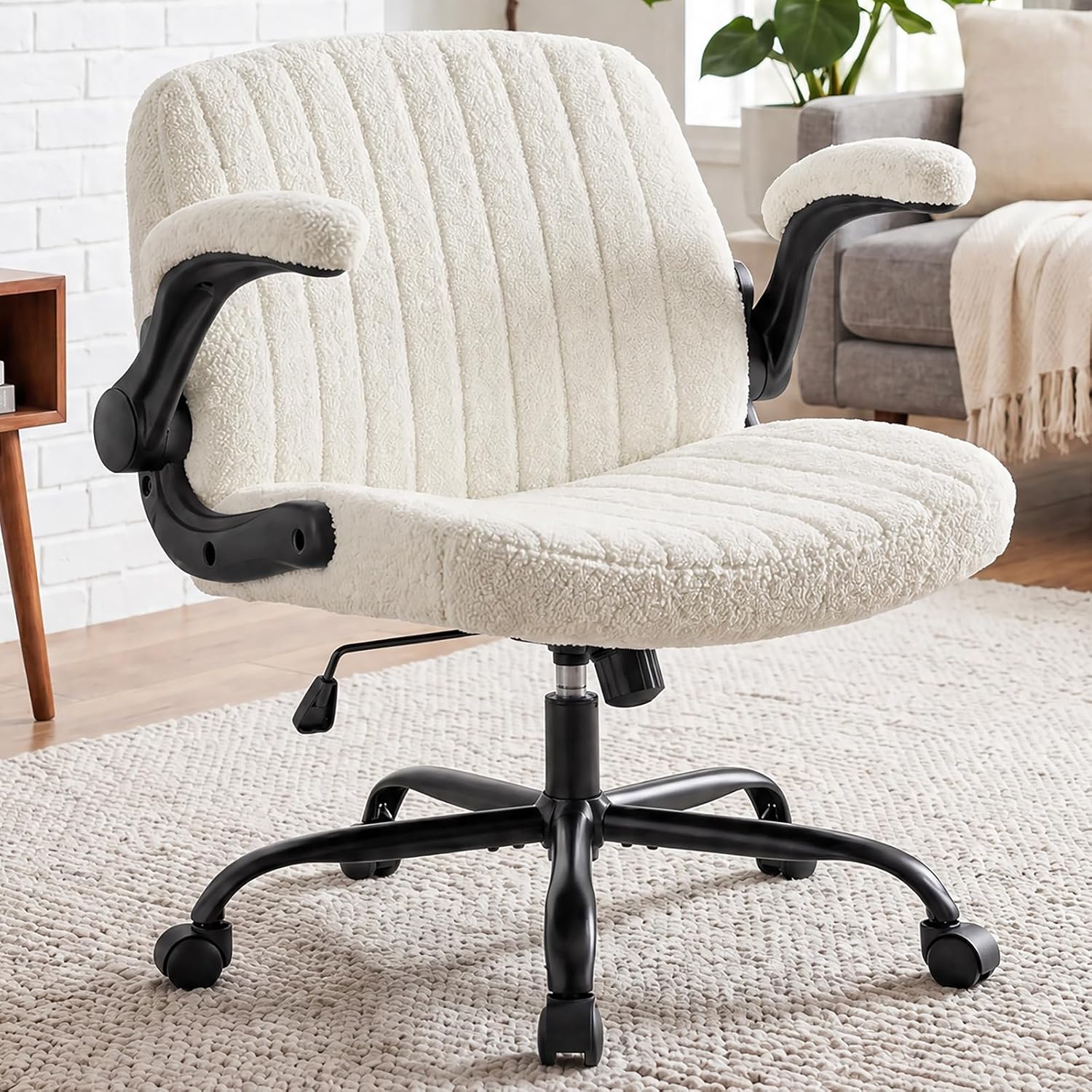 DUMOS Criss Cross Home Office Chair with Wheels, Wide Cross Legged Desk Vanity Chair Comfy Fabric Flip-Up Armrests Adjustable Swivel Chairs for Home Computer Bedroom, Creamy White