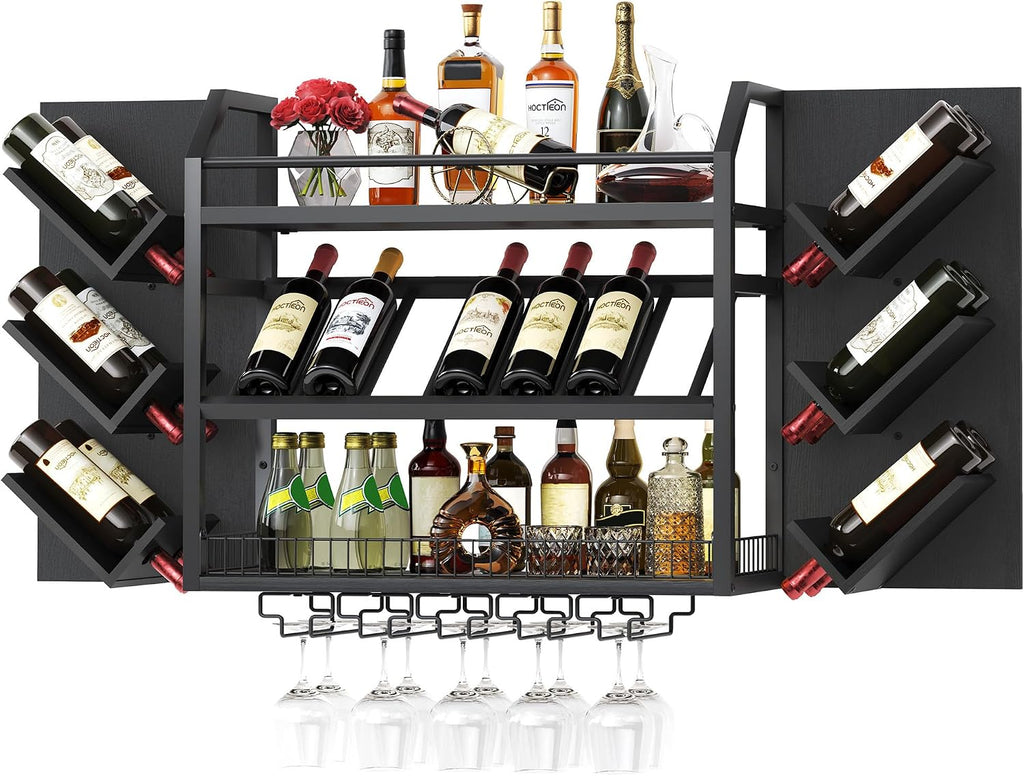 Hoctieon 48.6" Wall Mounted Wine Rack, 3 Tier Hanging Wine Racks with Glass Holder, Large Capacity Bar Shelves, Metal Wood Bottle Display Storage for Kitchen, Home Bar, Dining Room, Black