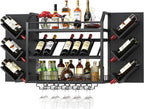 Hoctieon 48.6" Wall Mounted Wine Rack, 3 Tier Hanging Wine Racks with Glass Holder, Large Capacity Bar Shelves, Metal Wood Bottle Display Storage for Kitchen, Home Bar, Dining Room, Black
