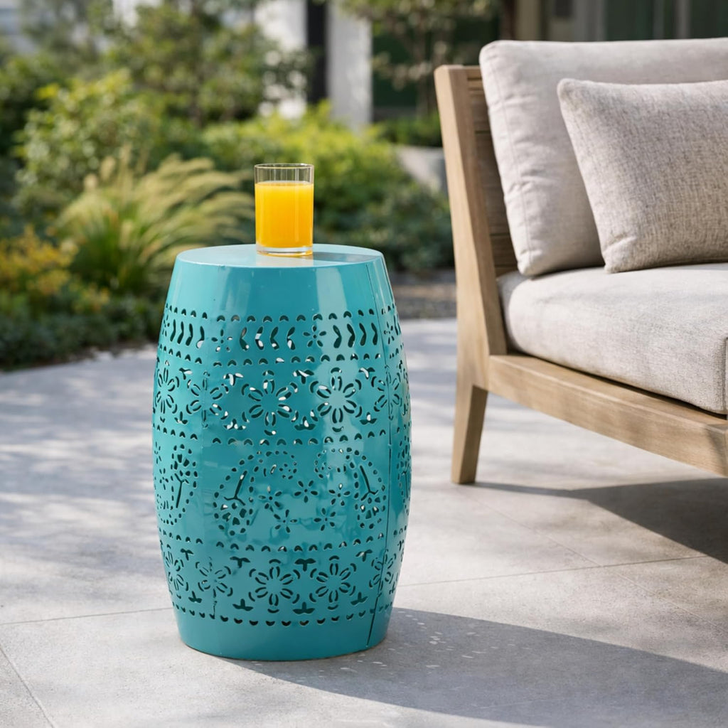 12" Metal Side Table with Floral Cutout for Balcony & Patio: 50 lbs Capacity, Rust-Resistant Teal Finish - No Assembly Required for Instant Decor Upgrade