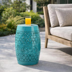 12" Metal Side Table with Floral Cutout for Balcony & Patio: 50 lbs Capacity, Rust-Resistant Teal Finish - No Assembly Required for Instant Decor Upgrade