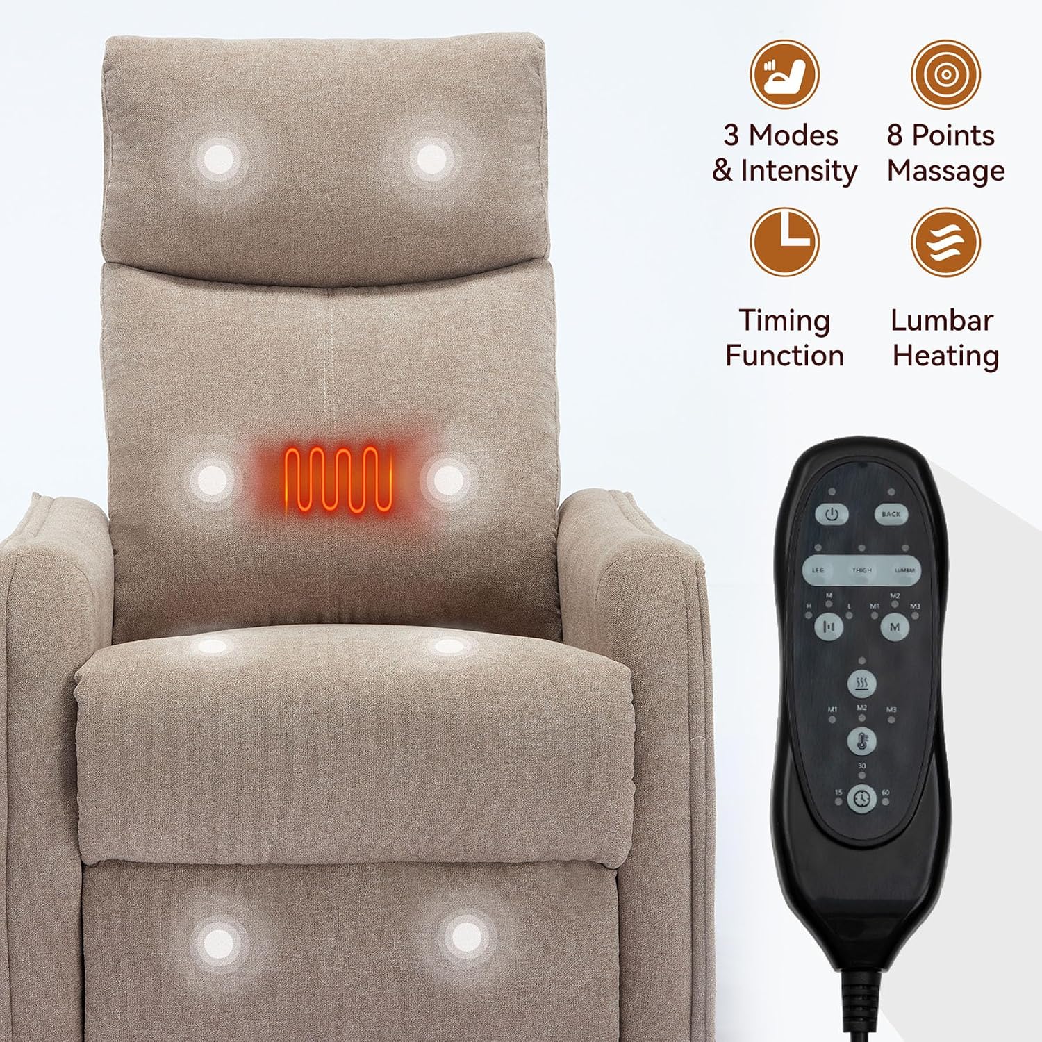 Rocker Recliner Chair for Adults, Swivel Rocker Recliner with Massage and Heat, Adjustable Glider Recliner Nursery Chair with Black Metal Base, Small Recliners for Small Spaces, Living Room (Khaki)