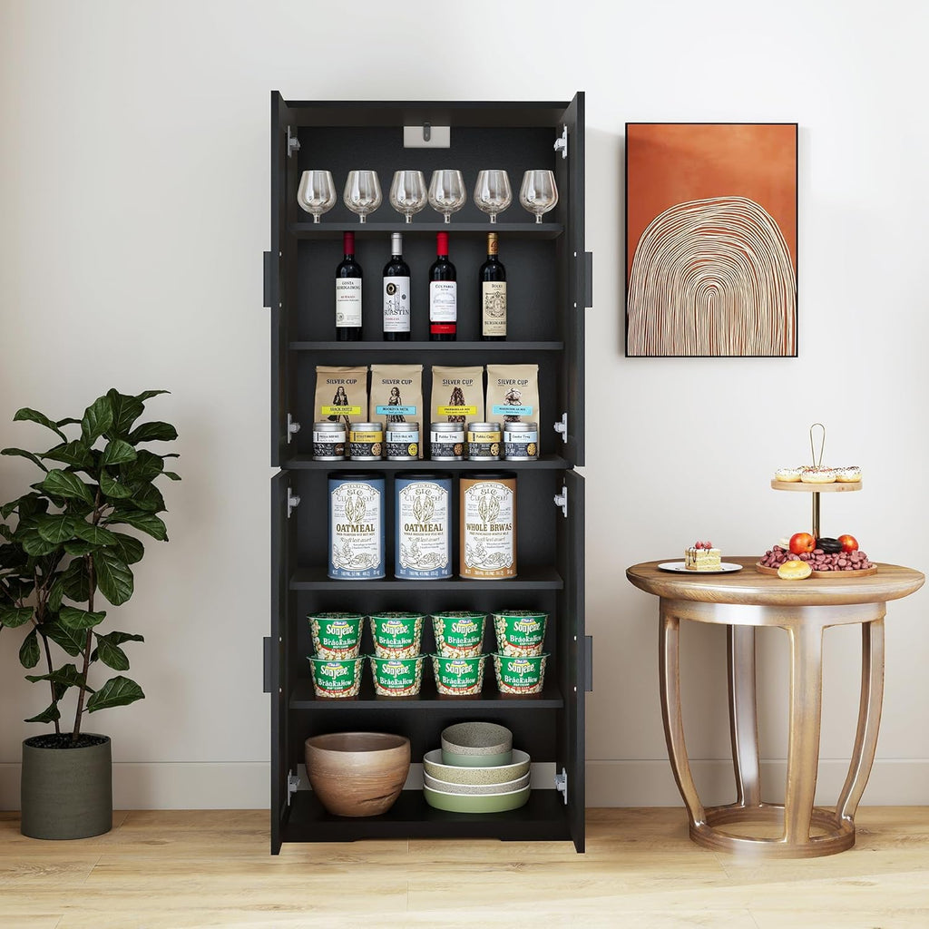Farmhouse Storage Cabinet with 4 Door, Kitchen Pantry Storage with 4 Adjustable Shelves Wooden Cupboard for Kitchen, Dining Room, Living Room, Bathroom (Black)