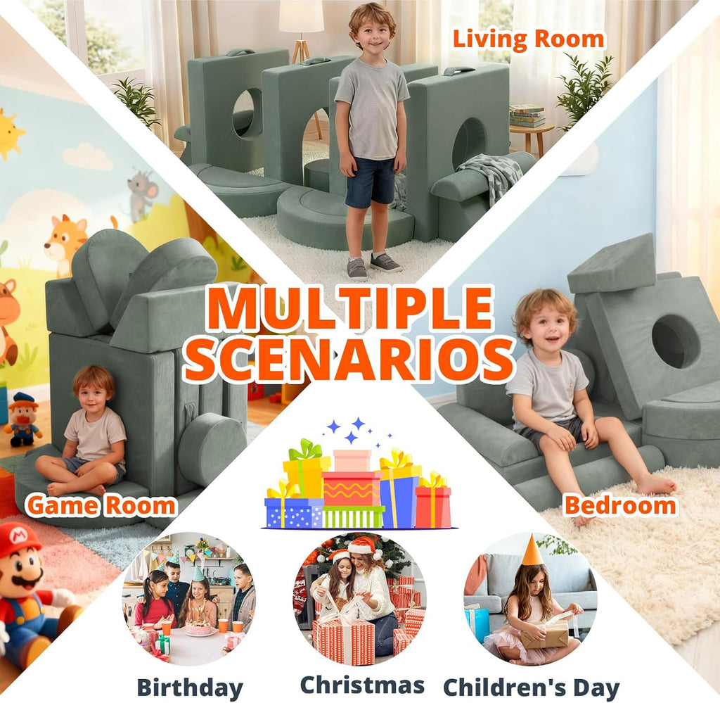 Fvkind Modular Kids Play Couch 16pcs, Toddler Couch for Playroom, Bedroom, Toddler Modular Play Sofa, Kids Sofa Building Fort with Convertible Foam Cushion for Boys and Girls, Green