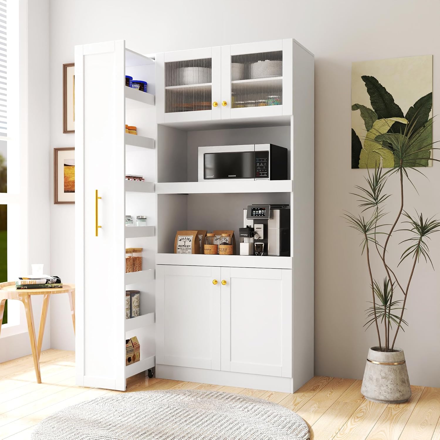 White Kitchen Pantry Cabinet, Farmhouse 4 Door Dining Room Storage Cupboard | Vertical sliding rack, reed fluted doors, 2 open countertops, coffee bar hutch, utility organizer, space saving