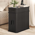 Side End Table with Charging Station, Slim Nightstand with Drawer, Mid-Century Wood Skinny Bedside Table with Storage, Narrow Side Tables for Small Space Living Room Bedroom Office Sofa Couch Black