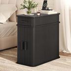 Side End Table with Charging Station, Slim Nightstand with Drawer, Mid-Century Wood Skinny Bedside Table with Storage, Narrow Side Tables for Small Space Living Room Bedroom Office Sofa Couch Black