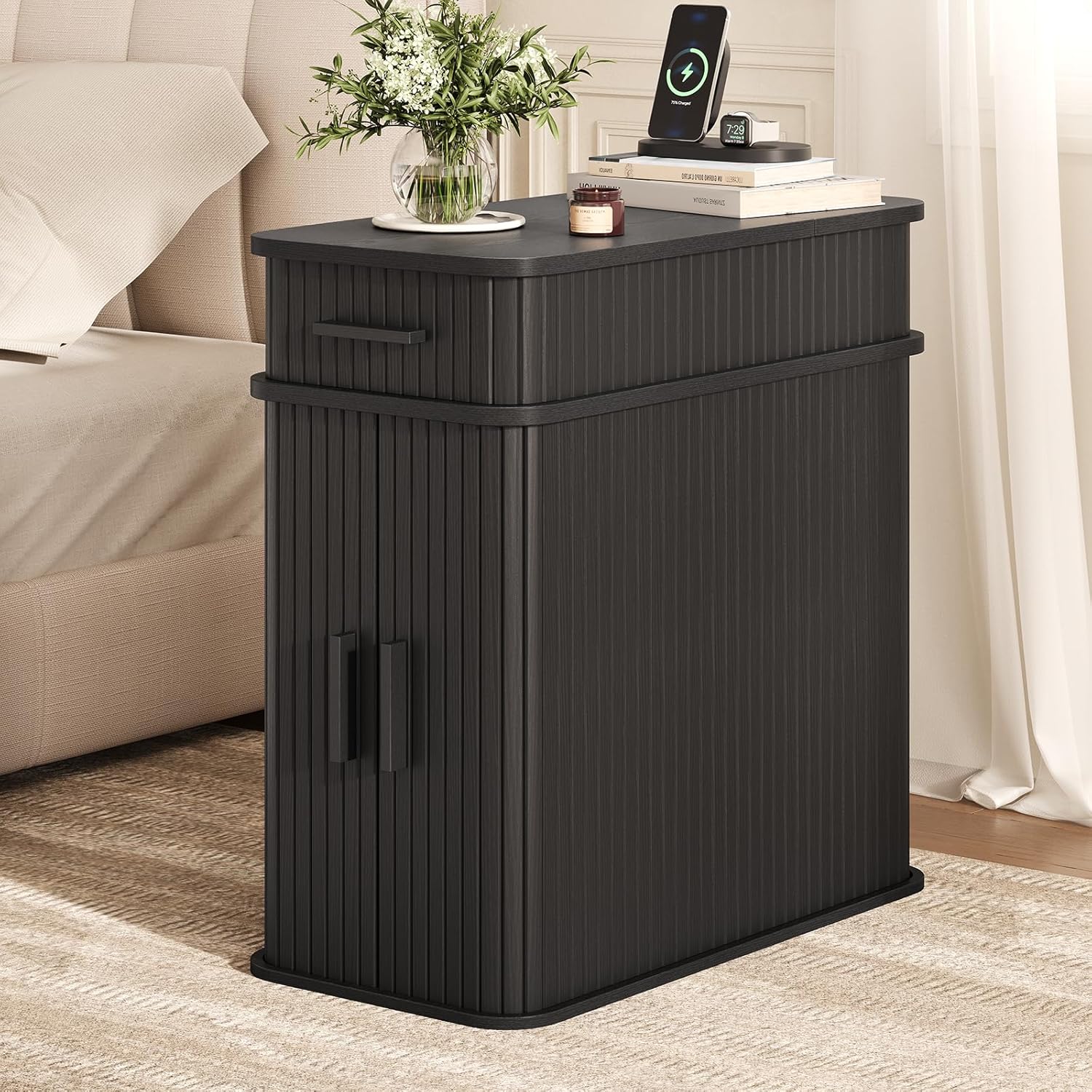 Side End Table with Charging Station, Slim Nightstand with Drawer, Mid-Century Wood Skinny Bedside Table with Storage, Narrow Side Tables for Small Space Living Room Bedroom Office Sofa Couch Black