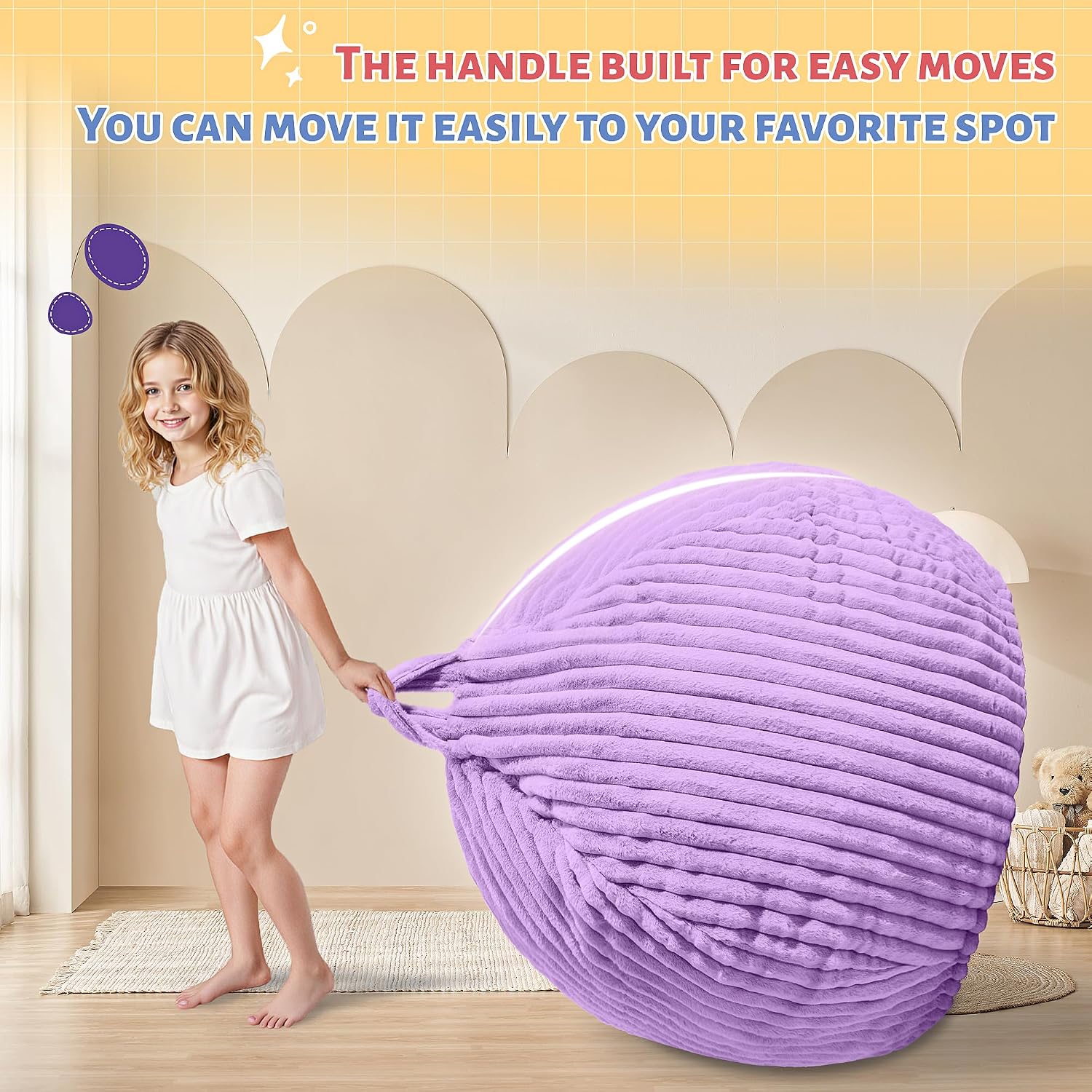 HABUTWAY 2FT Bean Bag Chair, 2' Bean Bag Chairs with Memory Foam Filled, Small Comfy Beanbag Chair with Stripe Plush Cover for Living Room Bedroom Dorm，Purple