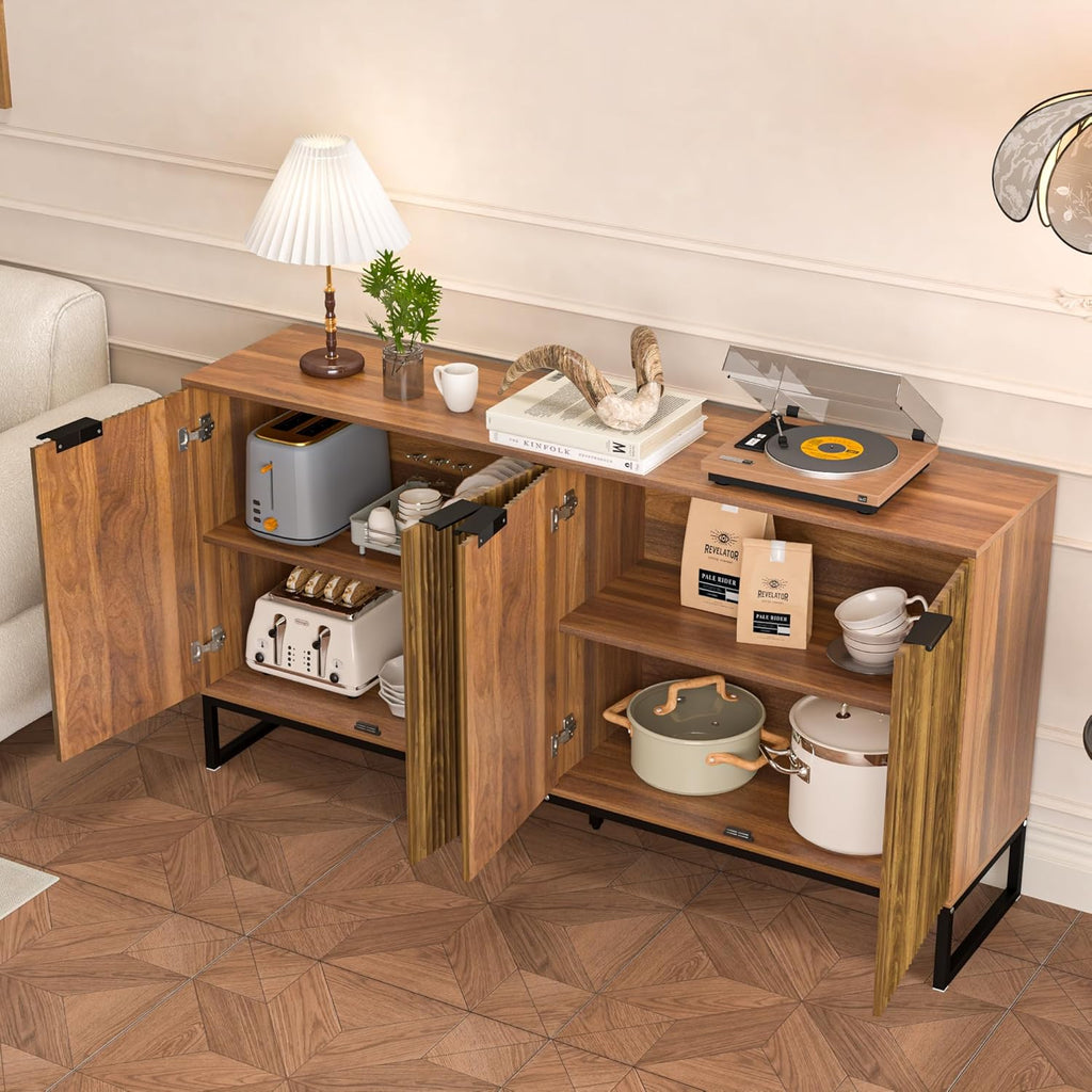 Fiogmub Fluted Accent Storage Cabinet, Kitchen Sideboard Buffet with 4 Fluted Doors, Adjustable Shelves for Living Room, Dining Room, Hallway (Walnut)