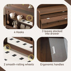 L-Shaped Kitchen Pantry with Hutch and Foldable Dining Table, Sideboard Buffet Cabinet with Sotrage Shelf and Side Hooks, Foldable Cupboard for Kitchen, Dining Room, Walnut