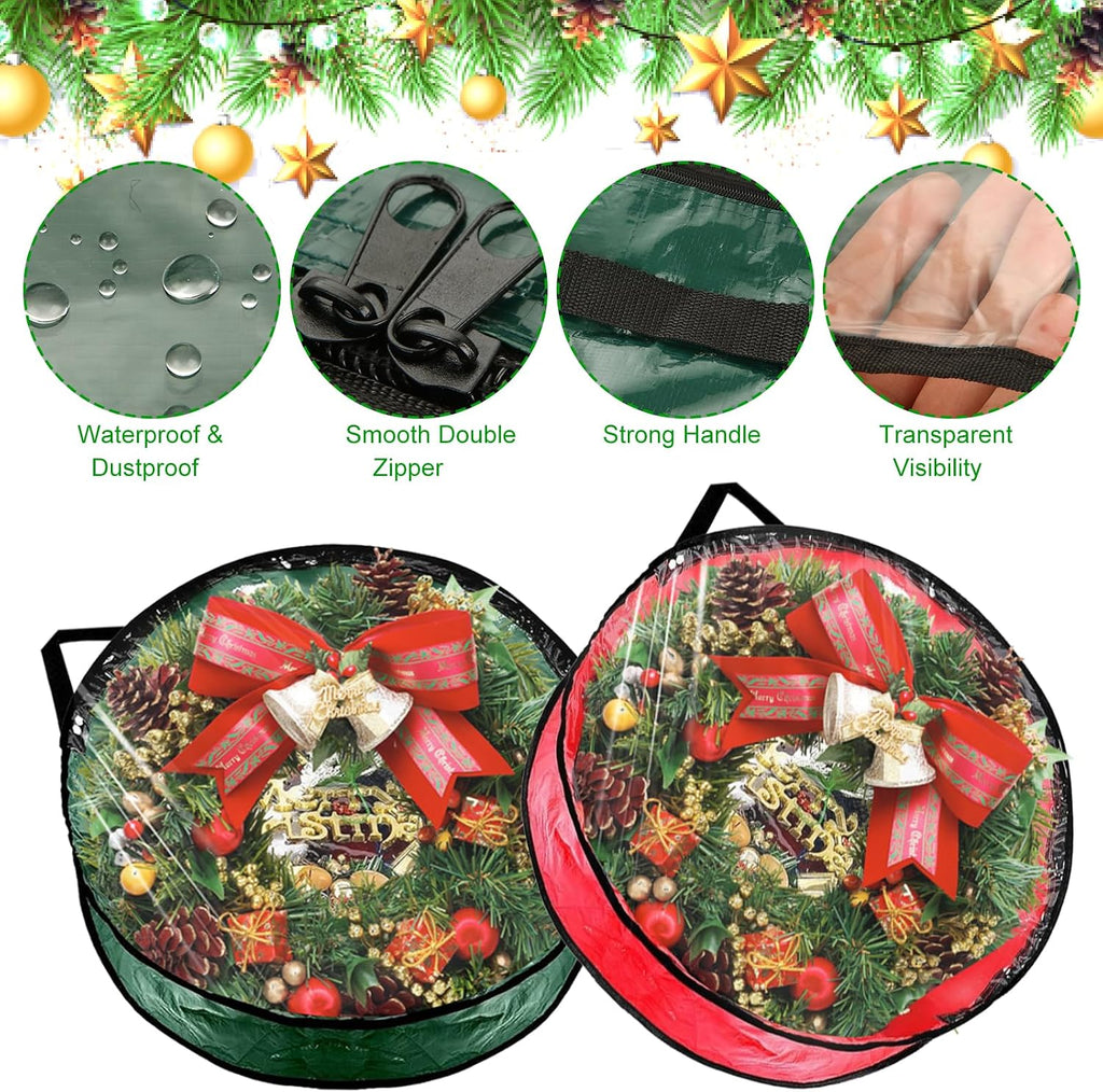 6 PCS Clear Wreath Storage Bag, 24x8 Inch Christmas Wreath Storage Container, PVC+PE Wreath Protector with Handle for Xmas Holiday Seasonal Wreath Garland (3 Green+3 Red)