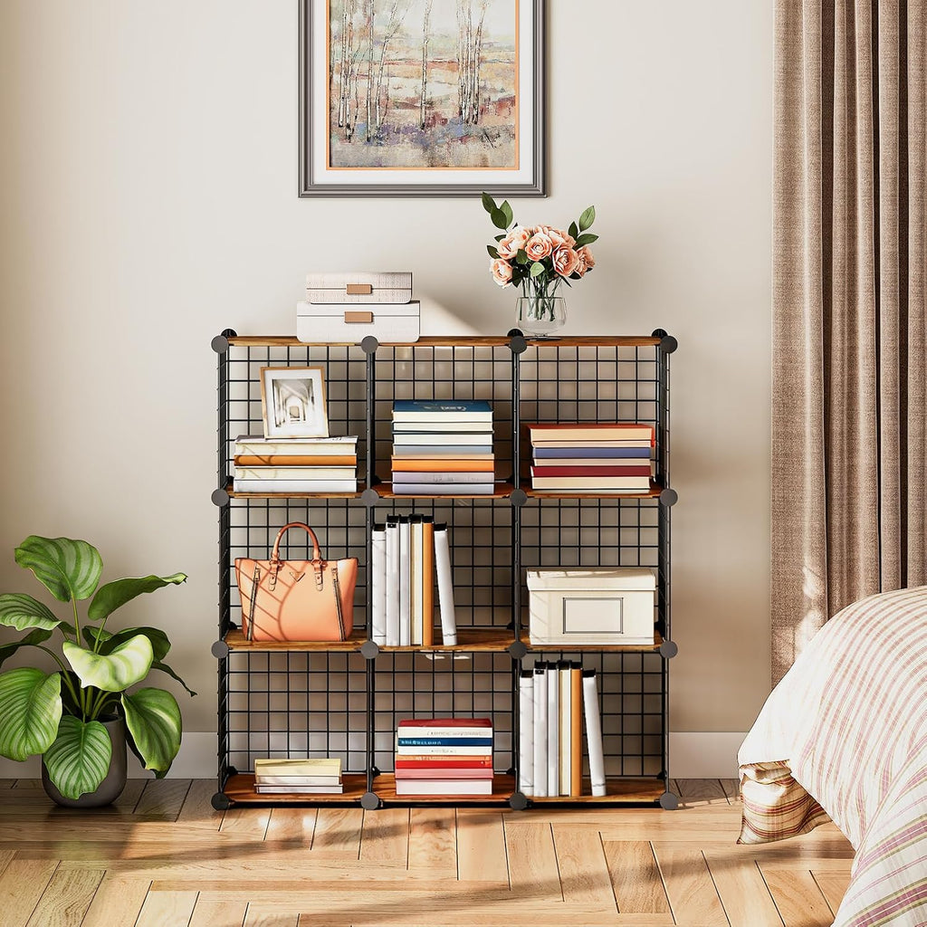 HOOBRO Wedge End Table and Wire Cube Storage Organizer, Recliner Wedge Side Table, 9-Cube Shelves, Modular Shelves with Metal Grid, DIY Closet Cabinet BF64UBZ01G1-BF09CW01