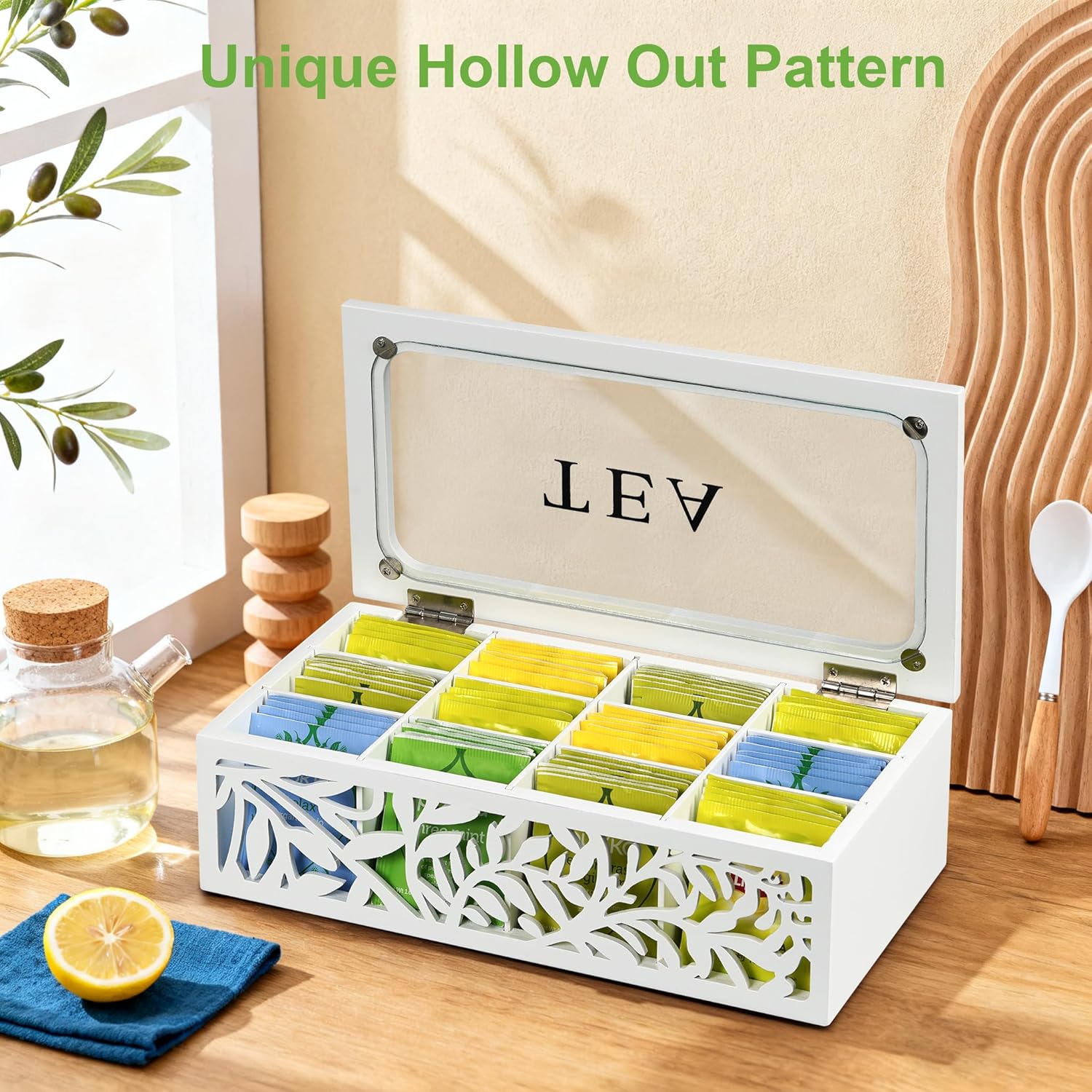 Tea Box Organizer,Wood Tea Organizers and Storage,12 Compartments Teas Bag Organizers,Teas Bag Holder Organizer,Wooden Storage Box for Countertop Kitchen Cabinet Pantry