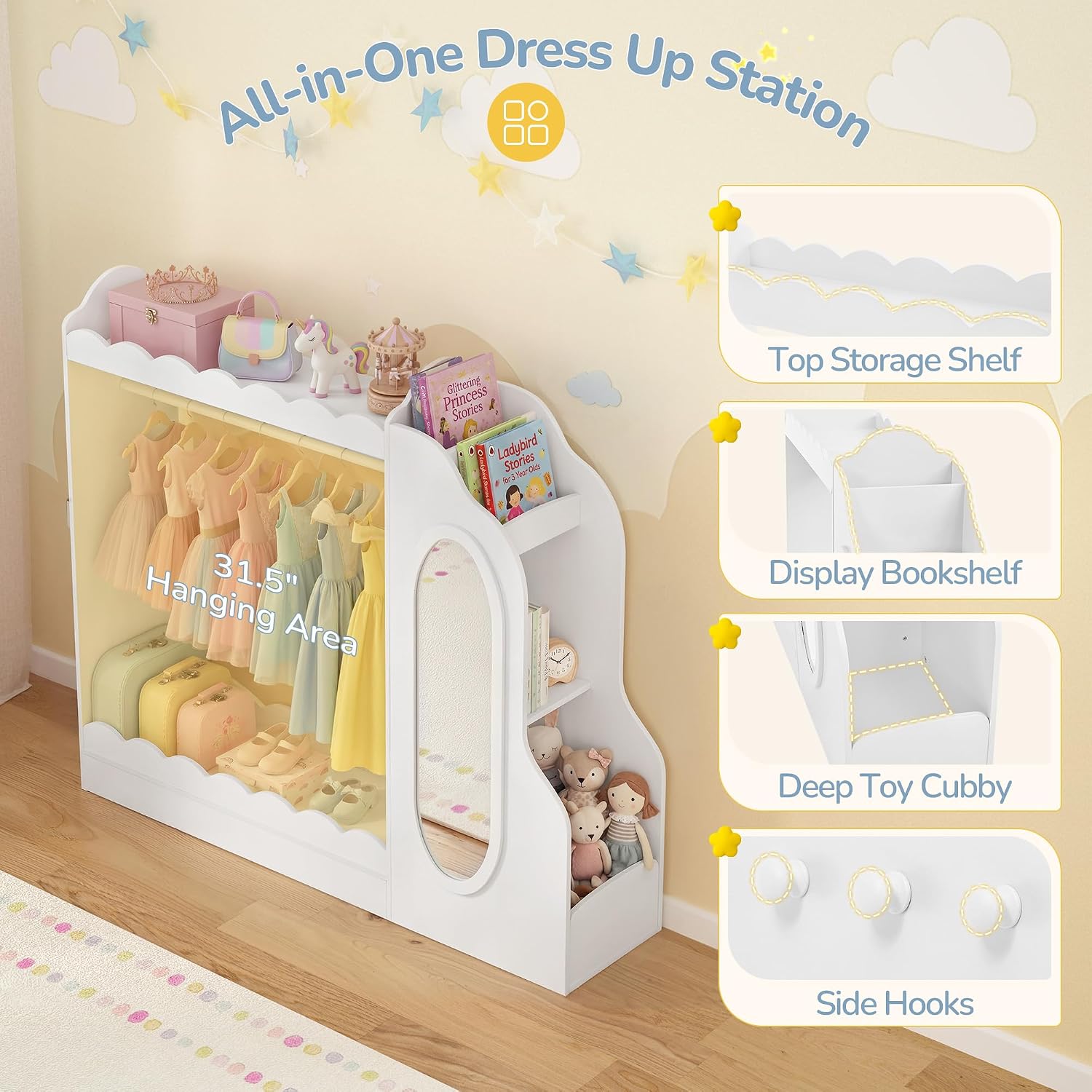 Curipeer Kids Dress Up Storage with Mirror, Bookshelf & Toy Storage, Scalloped Design Princess Closet for Little Girls, Kids Dress Up Rack, Open Hanging Armoire Wardrobe for Bedroom, Playroom, White