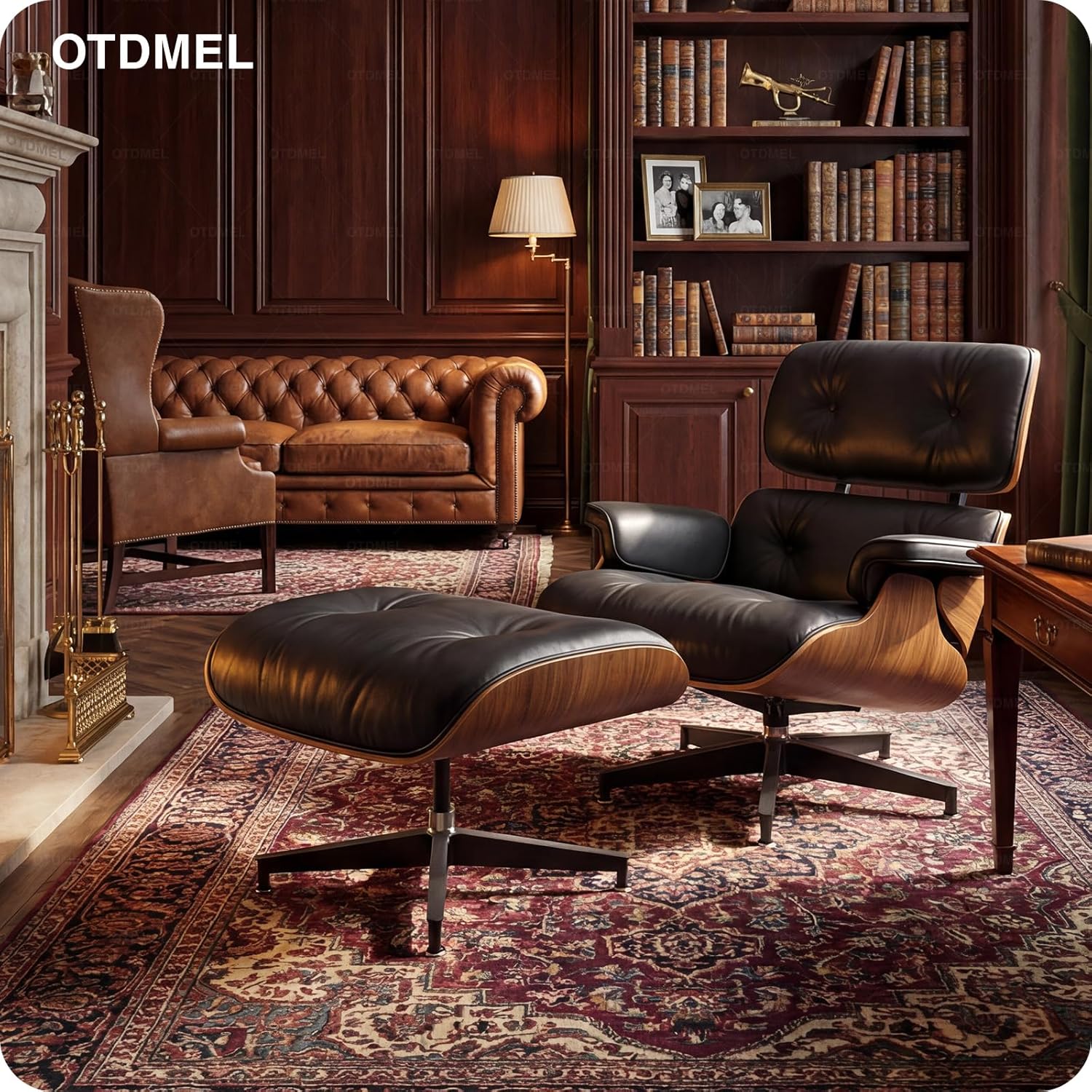 Luxury Top Grain Leather Mid Century Chaise Lounge Chair with Ottoman, Heavy Duty Base Support, Reading Chair, Modern Arm Chair, Leather Accent Chair for Living Room and Office, Walnut