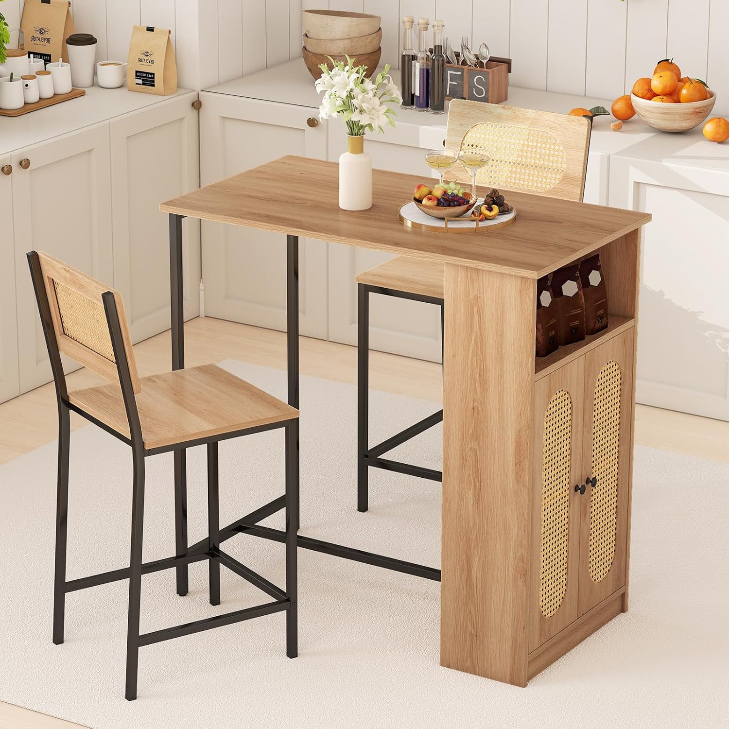 COSTWAY 3-Pcs Kitchen Table & Chairs Set, High Top Bar Table with 2 Stools, Storage, Adjustable Shelf, Metal Frame, Counter Height Dining Room Set for 2, Boho Rattan Table Set for Living Room, Study