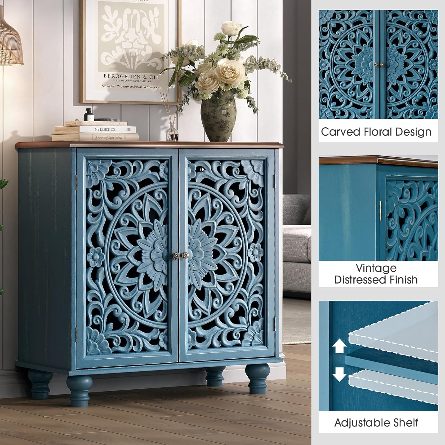 Jiansu furni Sideboard Buffet Cabinet with Storage, 31.6" High Accent Cabinet with 2 Carved Doors, Sturdy Storage Organizer with Solid Wood Bun Feet for Kitchen Coffee Bar, Blue & Walnut