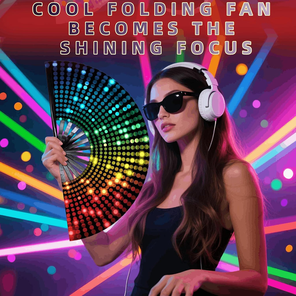 Large Glow Rave Fan, 13 Inch Folding Clack Hand Fan with DJ Lighting Effects - Portable Handheld Line Dancing Fan for Music Festivals, EDM Parties & Rave Outfit Accessories
