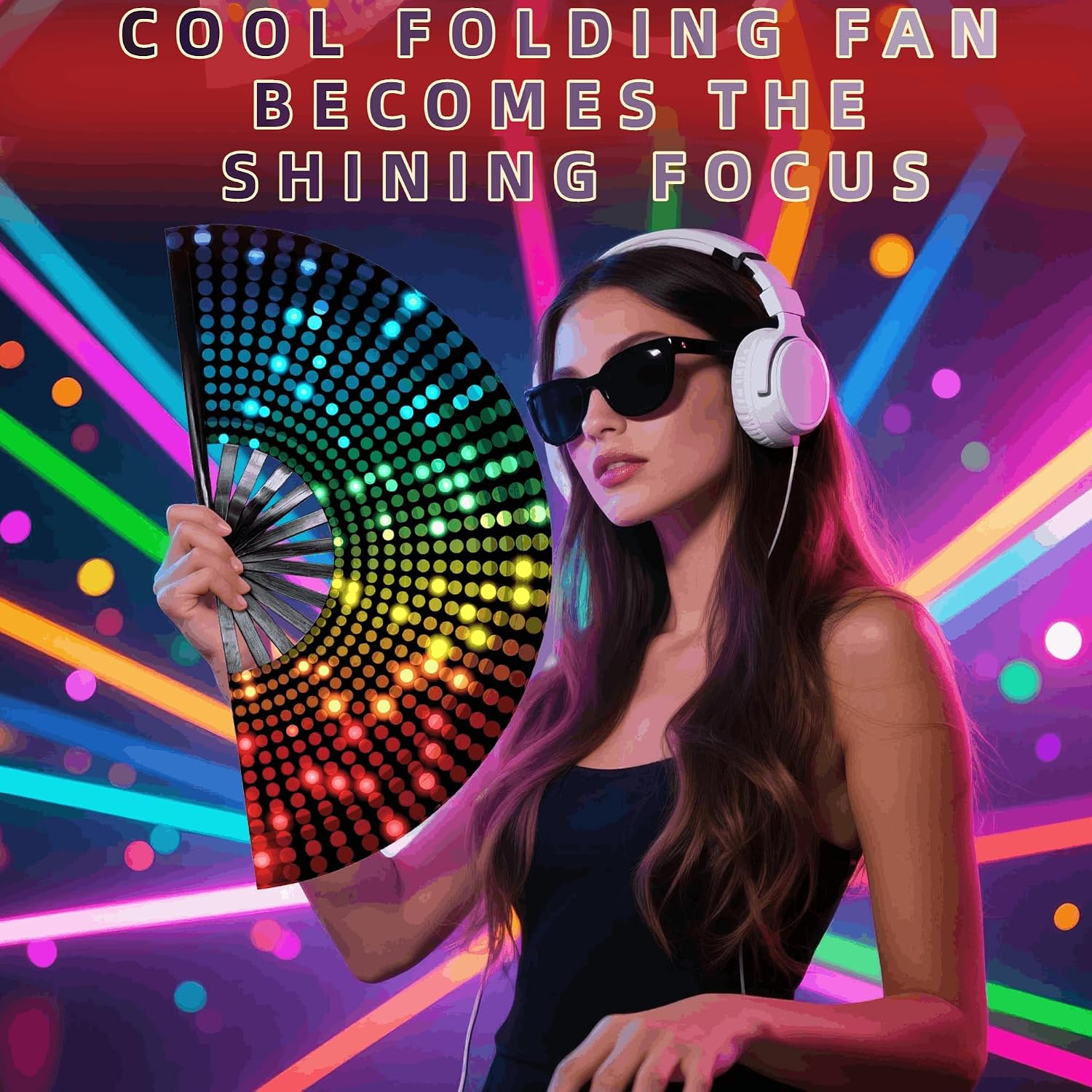 Large Glow Rave Fan, 13 Inch Folding Clack Hand Fan with DJ Lighting Effects - Portable Handheld Line Dancing Fan for Music Festivals, EDM Parties & Rave Outfit Accessories