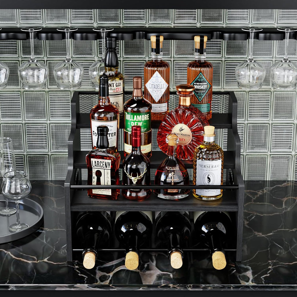 KLM 4-Tier Wood Display Shelf, Black Modern Bottle Organizer, Countertop Bar Stand for Liquor, Coffee Syrup, (Black)