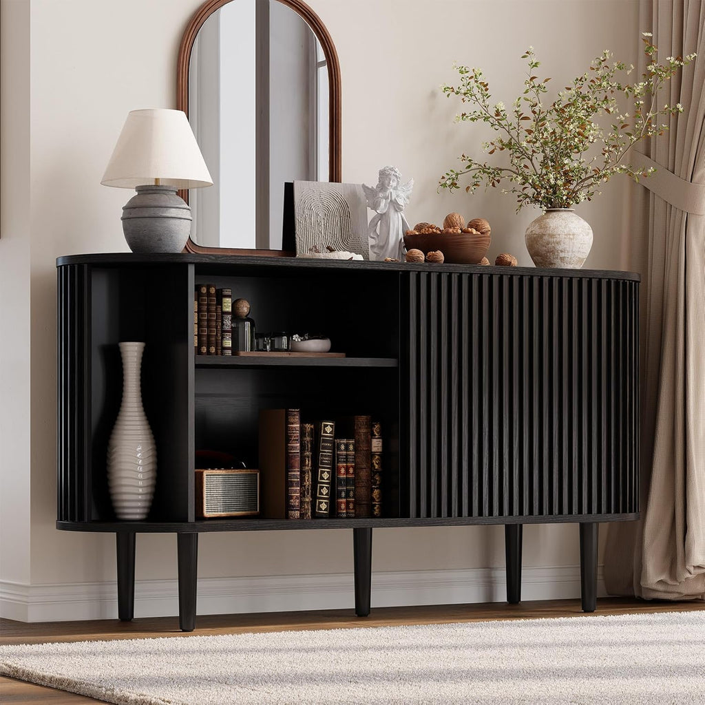 ONBRILL 55" Buffet Sideboard Cabinet with Sliding Doors, Mid-Century Modern Sideboard Buffet Cabinet with Storage & Adjustable Shelves, Accent Coffee Bar Console Table for Kitchen, Entryway, Black