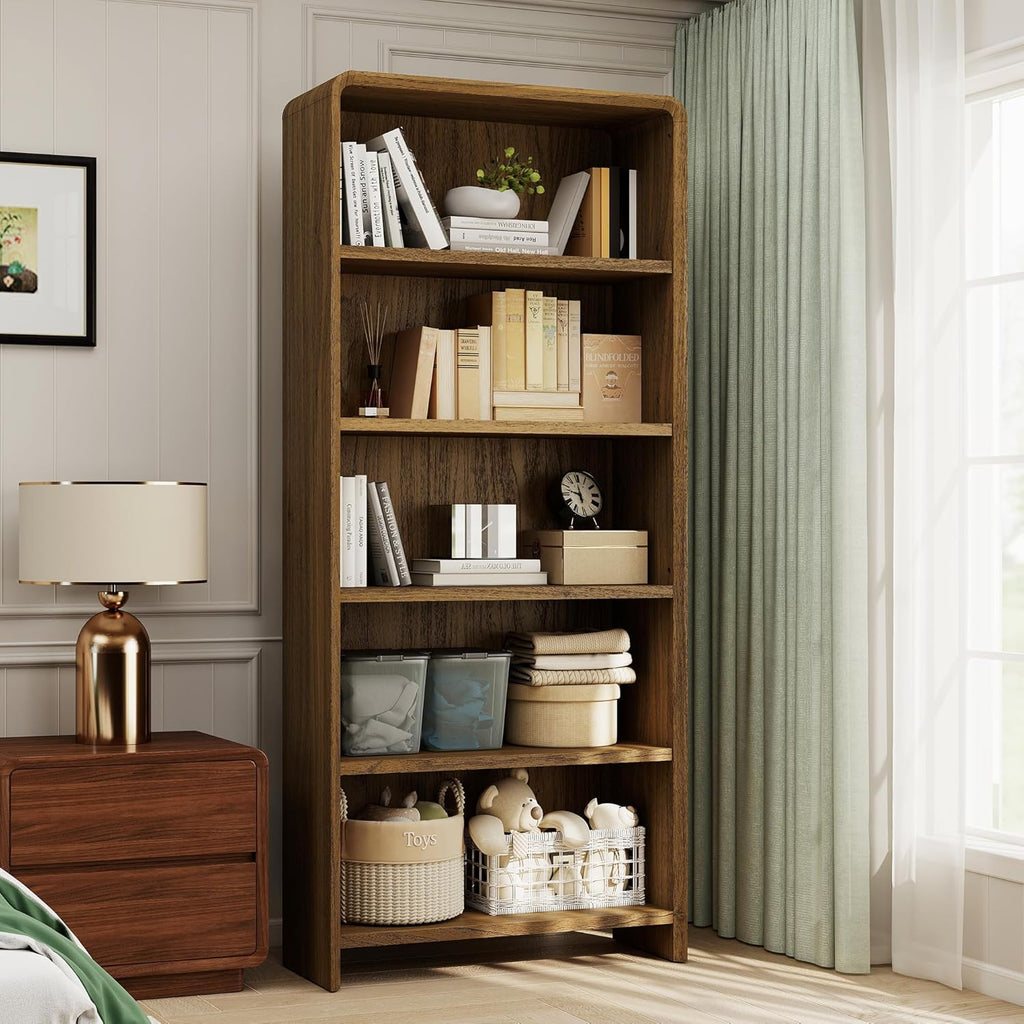Bevfint 71" Bookcase Tall 5 Shelves Wood Bookshelf with Curved Soft Edges, Heavy Duty Modern Storage Cabinet for Professional Home Office and Living Room, Walnut Grain Finish