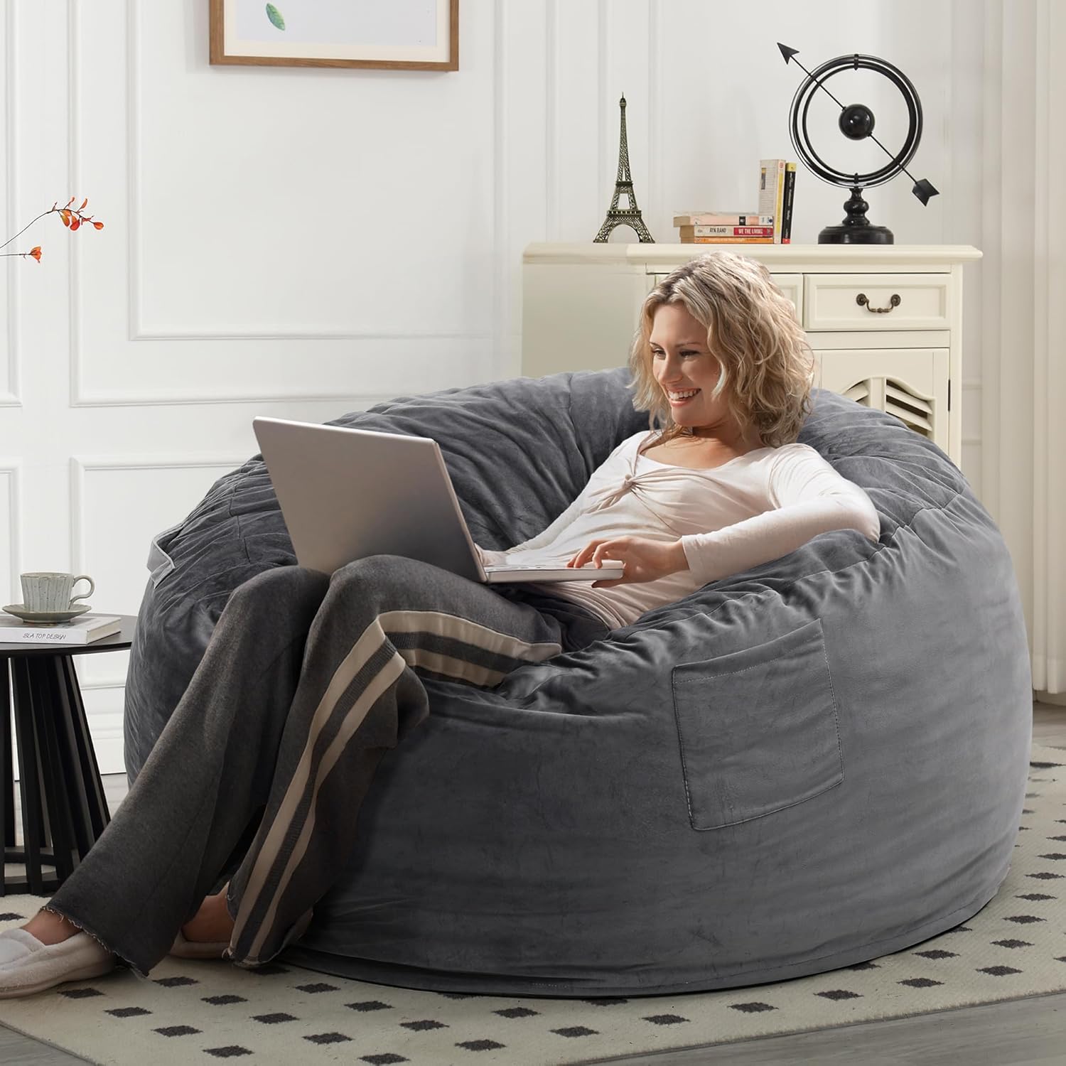 Kromax Bean Bag Chair with Filling Included, Large 4FT Comfy Bean Bag Chairs for Adults, Teens, Memory Foam, Machine Washable Thick Dutch Velvet Cover, for Living Room, Den, or Bedroom, Dark Grey