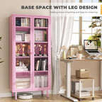 INTERGREAT 67” H Glass Display Cabinet, Metal Curio Cabinet with Tempered Glass Doors & Adjustable Shelves, Metal Storage Cabinets for Living Room, School, Plant, Pink, Assembly Required