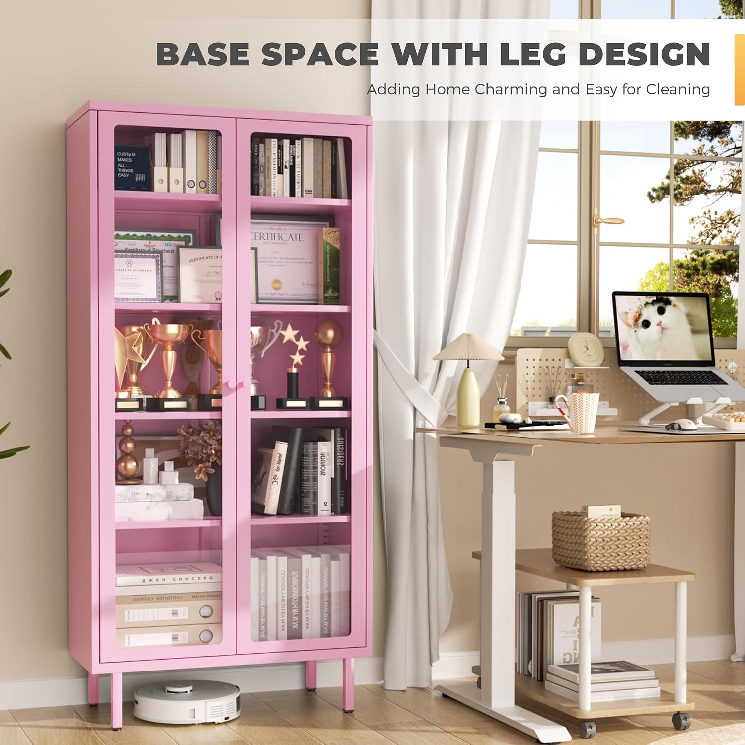 INTERGREAT 67” H Glass Display Cabinet, Metal Curio Cabinet with Tempered Glass Doors & Adjustable Shelves, Metal Storage Cabinets for Living Room, School, Plant, Pink, Assembly Required