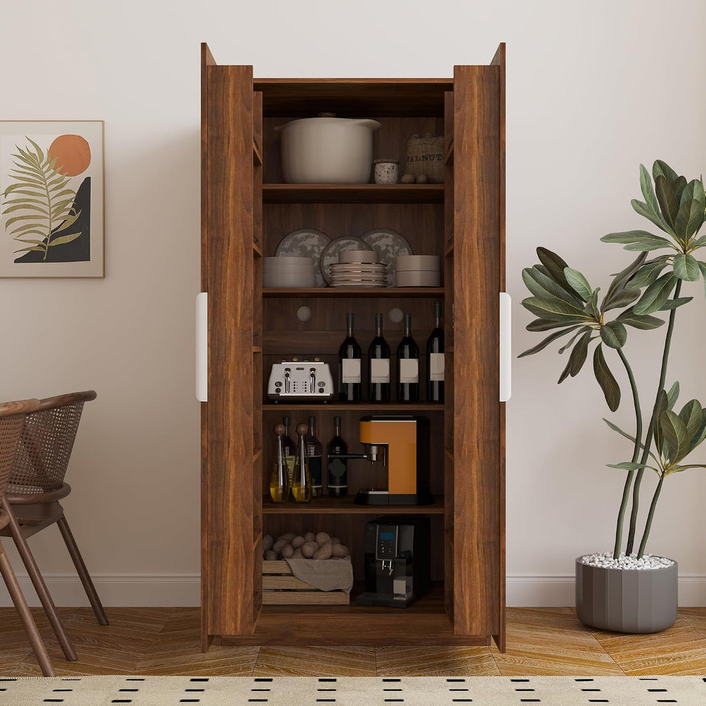 62.99" Kitchen Pantry Cabinet, Freestanding Buffet Sideboard with Doors and Adjustable Shelves, Modern Storage Cabinet for Kitchen, Living, and Dining Room, Walnut