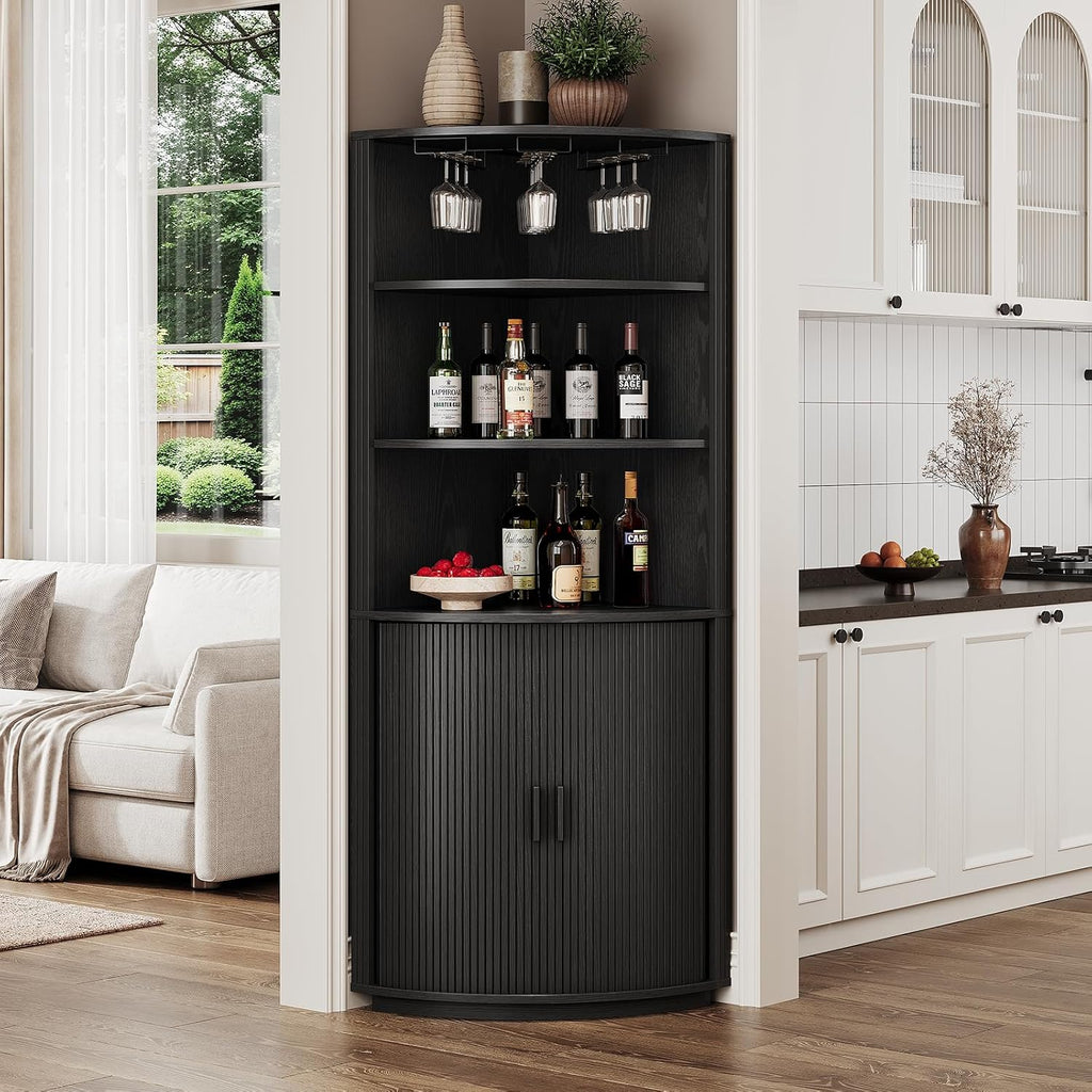 ONBRILL 72" Tall Corner Bar Cabinet with LED Lights, Fluted Wine Bar Cabinet with Storage, Mid-Century Modern Liquor Cabinets with Sliding Door & Wine Glass Holder, for Dining Room, Living Room Black