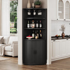 ONBRILL 72" Tall Corner Bar Cabinet with LED Lights, Fluted Wine Bar Cabinet with Storage, Mid-Century Modern Liquor Cabinets with Sliding Door & Wine Glass Holder, for Dining Room, Living Room Black