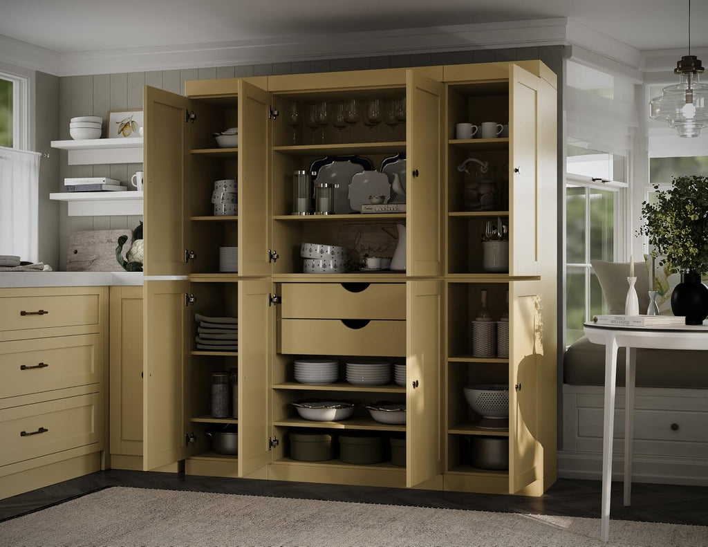 Palace Imports Solid Wood Kitchen Pantry Cabinet – 71.5" Tall x 65" Wide - Wooden Storage Cabinet w/ 8 Shaker Doors, 2 Drawers & 12 Adjustable Shelves – Yellow, 100% Eco-Friendly Wood, Made in Brazil