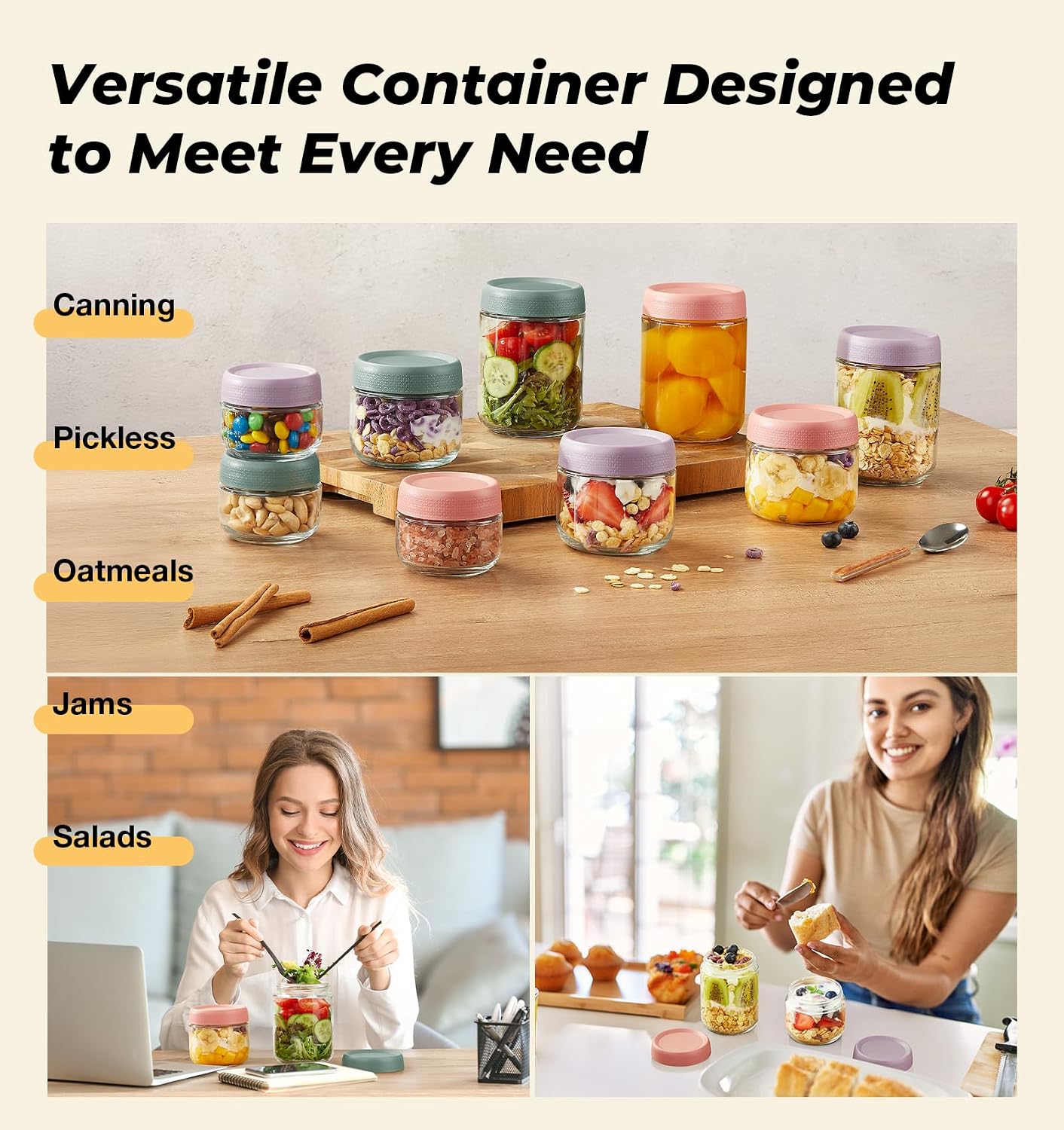 6 Pack Overnight Oats Containers with Lids, Wide Mouth Mason Salad jars 16oz, Glass Jar with Airtight Lids, Salad Meal Prep Jars for Food Storage, Overnight Oats Jars for Milk, Fruit