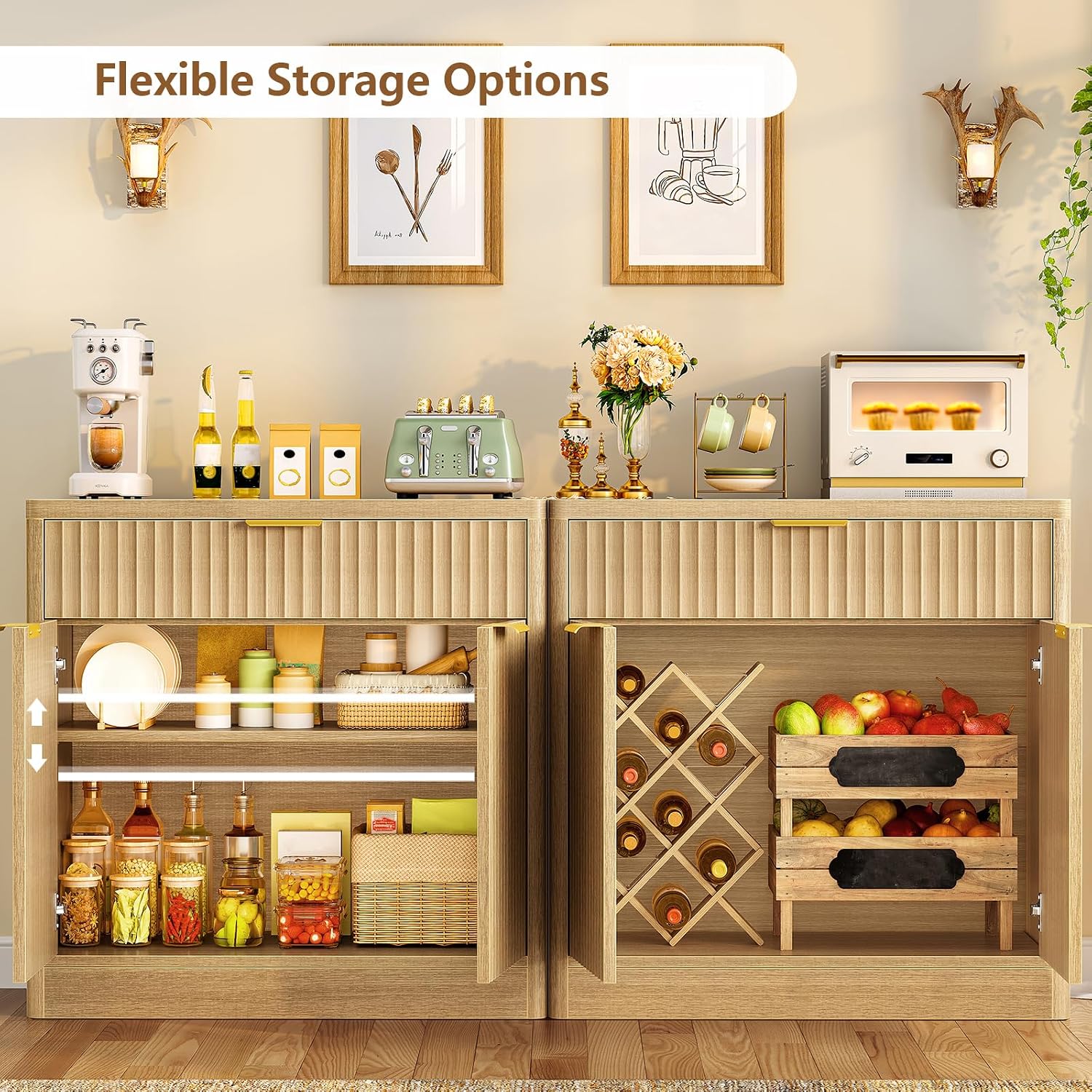 Fluted Buffet Cabinet with Storage, 31.5" Sideboard Cabinet, Coffee Bar Cabinet with 2 Doors and Adjustable Shelf for Living Room, Kitchen, Entryway, Natural