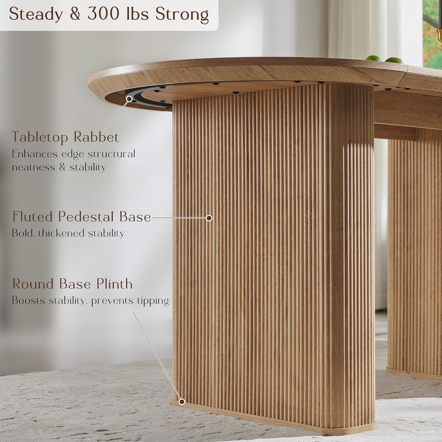 T4TREAM 63" Fluted Oval Dining Table for 4-6, Mid-Century Modern Kitchen Table with Thickened Edge & Strip Pedestal Base, Wood Luxury Table for Dining Room/Kitchen/Home Office,Natural Oak(Table Only)