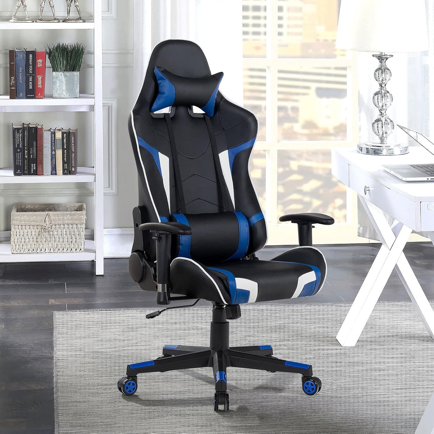 GYMAX Gaming Chair, Massage Gaming Chairs for Adults with Headrest, Lumbar Support & Armrest, Video Computer Reclining Gaming Chair, Office Desk Gamer Task Chair (Blue)